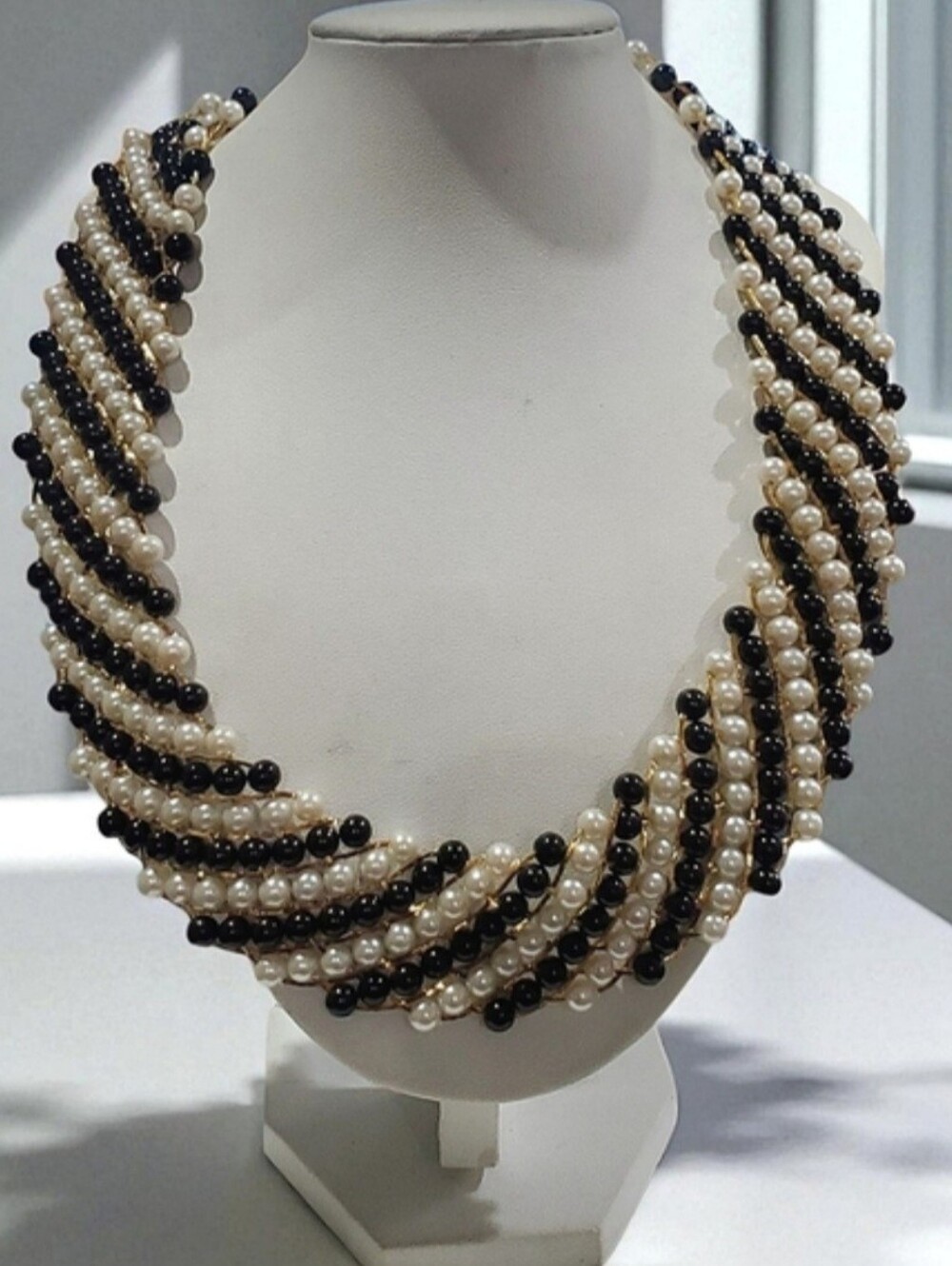 Trifari Vintage Gold Onyx Bead And Pearl Statement Necklace